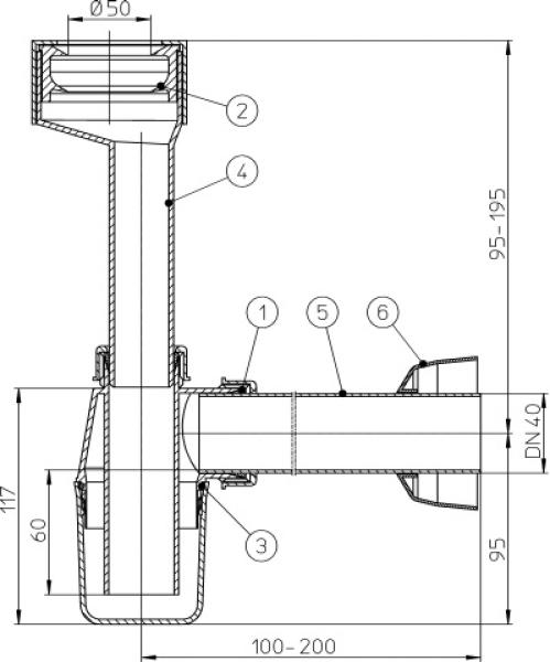 Urinalsiphon DN40 mit Anschlussmanschette und Rosette HL130/40